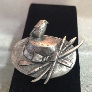 Hat w/Paintbrushes & Bird Brooch  - 1990s Pewter